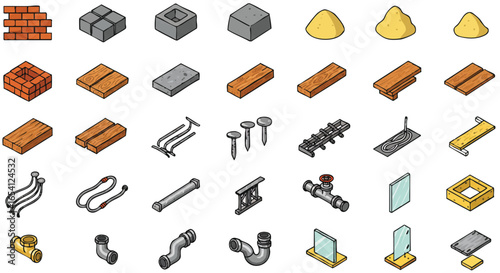Collection of isometric illustrations of construction materials, including bricks, concrete blocks, sand, wood planks, pipes, nails, and other building supplies, perfect for architectural or