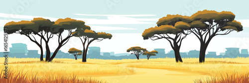 wide savannah landscape with scattered acacia trees dry grass and distant hills under cloudy sky vector illustration flat minimalist style