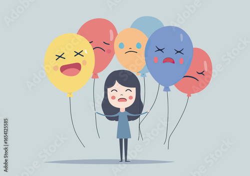 Calm woman holding colorful balloons with various emotional faces representing feelings like happy sad angry and anxious in minimalist vector style