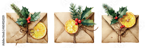 Set of kraft envelopes decorated with tree branch, holly branch and dried orange. Watercolor eco-friendly Christmas gifts decorated with natural elements. Vector illustration.