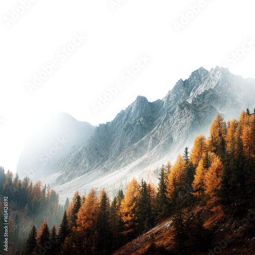 Autumnal mountain view with golden trees & fog, scenic landscape