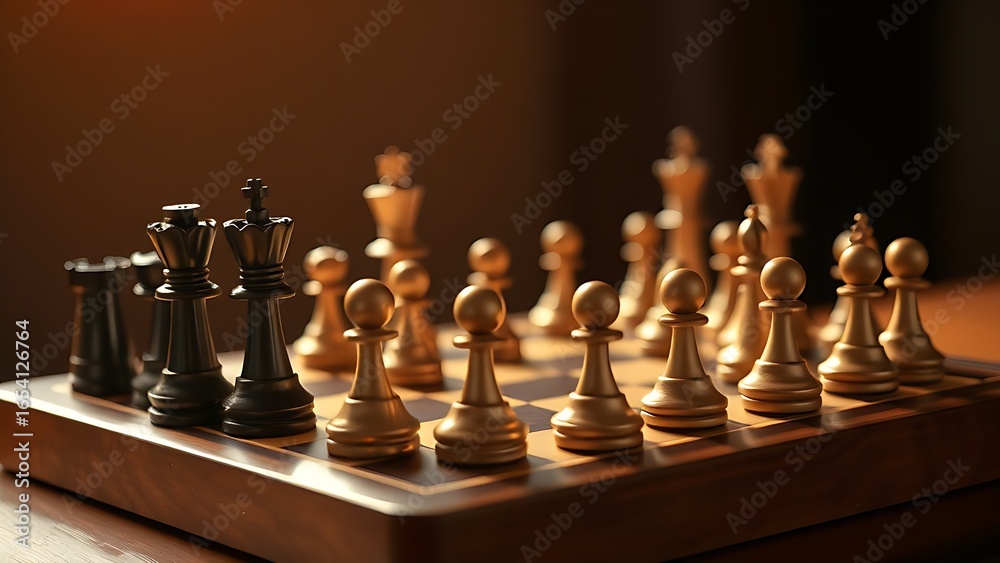 Chess pieces arranged strategically on a wooden board, highlighted by warm directional lighting. Chess pieces arranged strategically on a wooden board, highlighted by warm directional lighting.