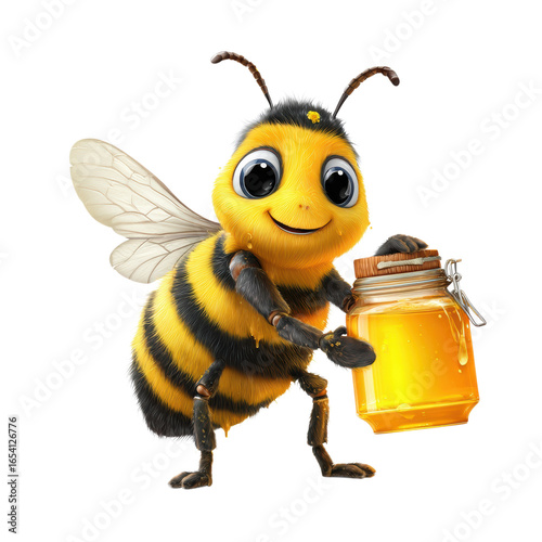 Cartoon bee with honey on transparent background