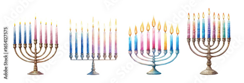 Set of Hanukkah with candles watercolor. Menorah with a symbol of the Jewish holiday. Traditional candlestick with burning candles. Happy Hanukkah. Vector illustration.