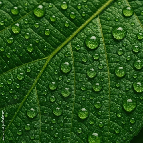 Green Leaf with Water Droplets and Veins