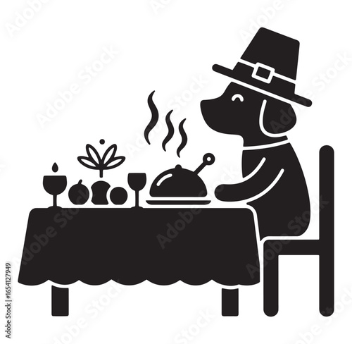 A thanksgiving dog in pilgrim hat waiting to enjoy a festive dinner silhouette