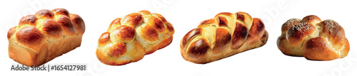 Watercolor set of challah bread. Shabbat bread, Jewish braid, brioche. Jewish braided bread, traditional food for Shabbat, Hanukkah and major Jewish holidays. Vector illustration.