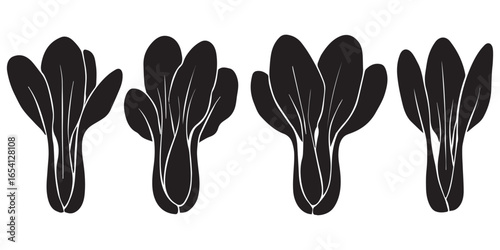 Natural Vegetables. Bok Choy Leaves Silhouette Set Vector Illustration on White Background
