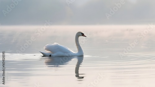 A solitary white swan gracefully glides across a calm, misty lake.