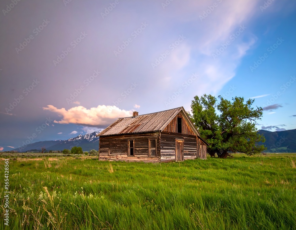 Fototapeta premium Rustic farmhouse in a grassy field at sunset