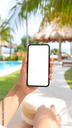 A hand holds a smartphone with a blank screen, on a beach resort background