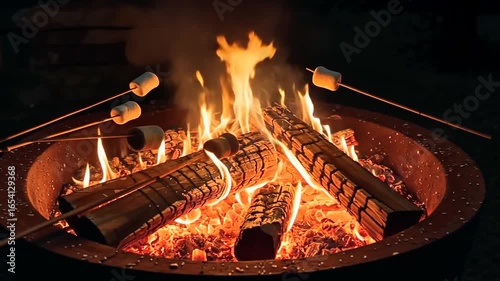 Cozy campfire with roasting marshmallows at night