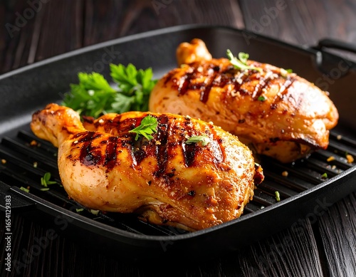 Two grilled chicken thighs on a griddle