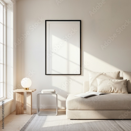 縦型空白フレームのモックアップ。空のキャンバスポスターサイズ。リビングルームの壁用キャンバスモックアップ。ホームインテリアの背景を使ったインテリアモックアップ。モダンでミニマルな壁アートデザイン。3Dレンダリング