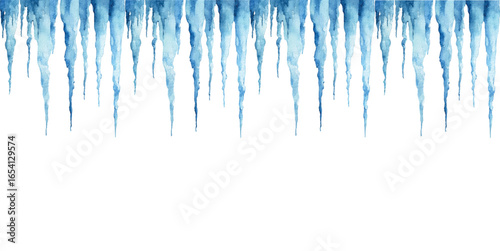 Board with frozen watercolor icicles png. Icy icicles sticking from the roof painted with watercolor. Winter frosty frames for designs. Icy winter icicles for templates, patterns, frames, etc.