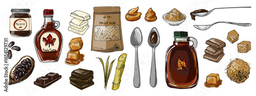 Food illustration watercolor spices and herbs spice jar. chocolate, spoons, maple syrup, bamboo candy, caramel. Sweets and ingredients
