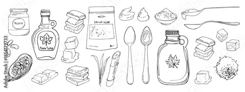Food illustration watercolor spices and herbs spice jar. chocolate, spoons, maple syrup, bamboo candy, caramel. Sweets and ingredients