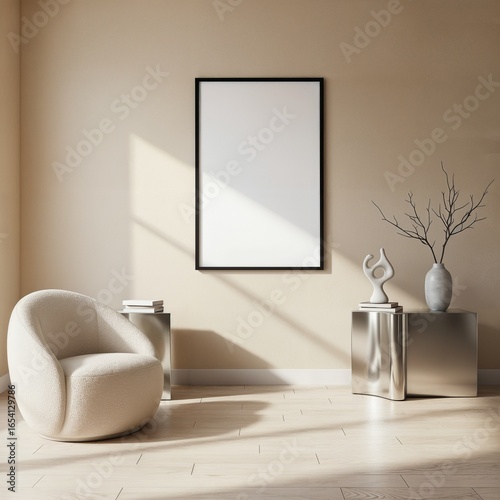 Vertical blank frame mockup. empty canvas poster size. Living room wall canvas mockups. Interior mock-up with home interior background. Modern minimal wall art design. 3D render	
