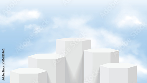 3D White hexagon podiums with soft blue sky and fluffy cloud background, minimal design for product display or presentation, calm and serene mood