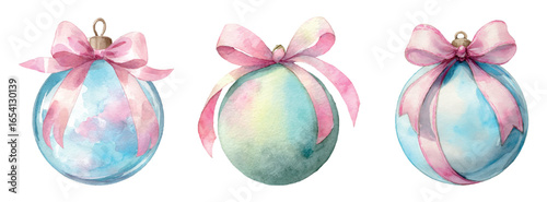 Watercolor set of cute Christmas balls with pink bow. Watercolor pastel Christmas balls decorated with pink ribbon bow. Cute Christmas decor and Christmas tree toys. Vector illustration.