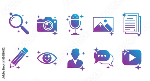 Gradient Media Icons Search, Camera, Mic, Photo, Document, Pencil, Eye, User, Chat, Play