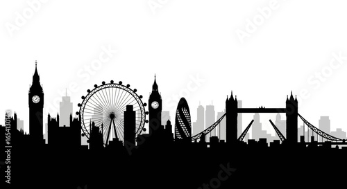 London Skyline Silhouette Iconic Landmarks in Black and White, Perfect for Design and Travel