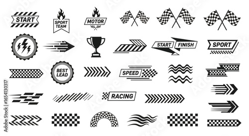 Set of racing sport icons and speed motion elements. Monochrome collection of checkered flags, trophies, and start banners for motorsport design.