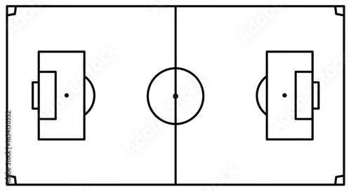 Soccer football field layout from a top view. Simple line art sport pitch diagram with markings. Vector illustration isolated on white background.