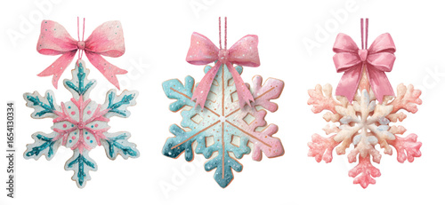 Set of Christmas tree decorations in the form of snowflakes decorated with a bow. Pastel Christmas tree toys in the form of snowflakes decorated with a pink bow. Vintage Christmas and New Year decor.