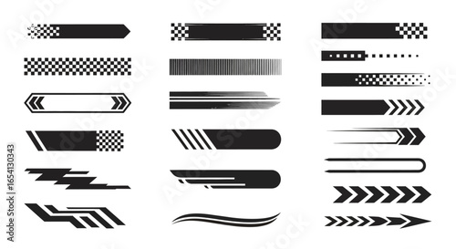 Collection of black racing stripes and car decals for vehicle graphics. Abstract speed motion elements vector set.