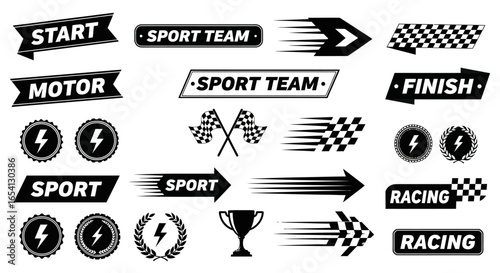 Versatile set of racing and sport competition graphic elements including speed streaks, checkered flags, start and finish banners, and victory icons for dynamic design.