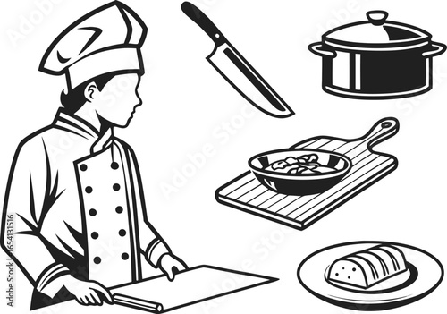 Collection of Kitchen and Cooking Silhouette Vector Icons Set. Chef, Knife, Pot, Bread, Cutting Board, and Food Elements for Restaurant, Culinary, and Bakery Design
