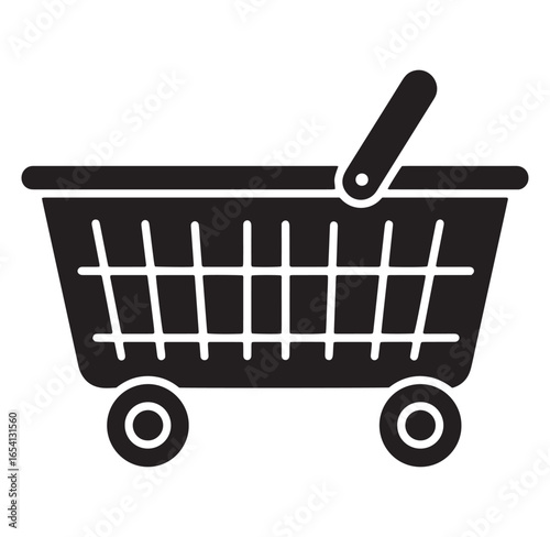 Black and white shopping cart icon for retail commerce and online marketplace elements