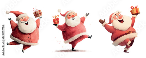 Set of cute Santa Claus with a gift. Cute cartoon Santa Claus with a gift box for Christmas. Watercolor characters for Christmas and New Year. Merry Christmas and New Year. Vector illustration.