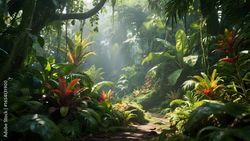 Fototapeta premium Sunlight Filtering Through a Lush Tropical Jungle