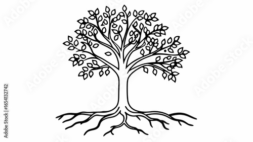 Illustration of a tree with detailed leaves and roots in a minimalist black and white style design element "svg"