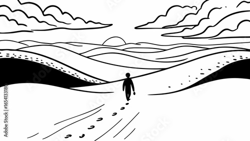 Silhouette of a person walking across a landscape with hills and clouds under a setting sun drawing "svg"