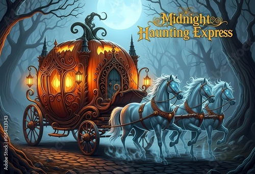 Haunted Pumpkin Carriage – Dramatic Halloween Scene. A stunning Halloween fantasy of a pumpkin carriage pulled by ghost horses