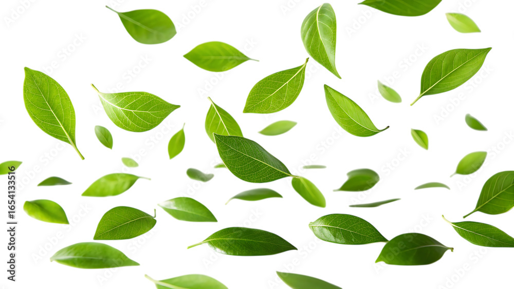 Naklejka premium Fresh green tea leaves falling in a dynamic pattern isolated on transparent background