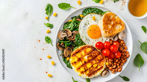 Wallpaper Mural Savor this vibrant, healthy breakfast bowl featuring a perfectly fried egg, grilled halloumi, fresh spinach, mushrooms, cherry tomatoes, and baked beans. Torontodigital.ca