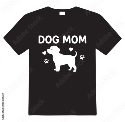 Black t shirt design featuring dog mom graphic with puppy heart and paw prints