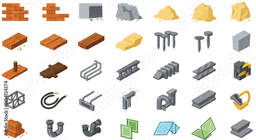 A comprehensive collection of isometric icons depicting various construction materials and building elements, isolated on a clean white background.
