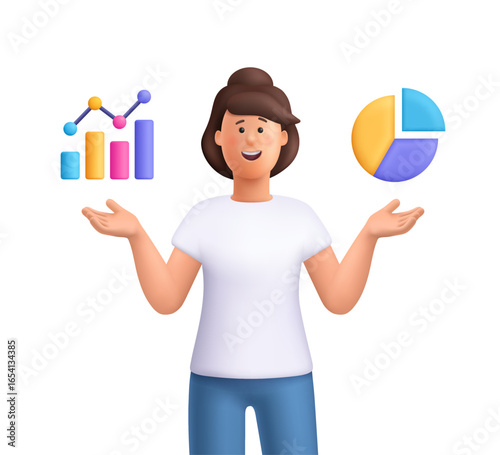 Young smiling woman Jane presenting data visualizations, bar chart and a pie chart. Data analysis, statistics and business reporting concept. 3d vector people character. Cartoon minimal style.