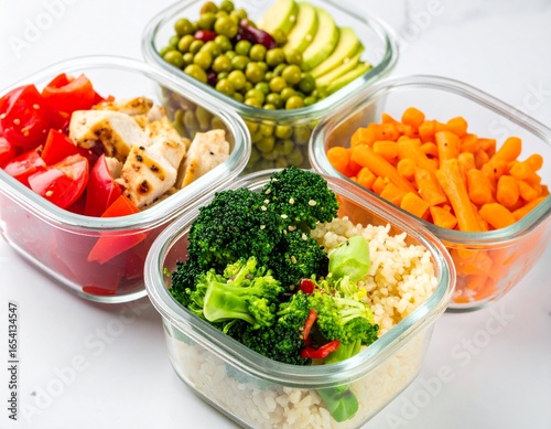 Prepared fitness meals with chicken, rice, and vegetables in containers.