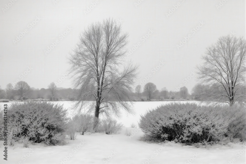 Obraz premium Snow-covered landscape with bare trees and shrubs under a gray sky