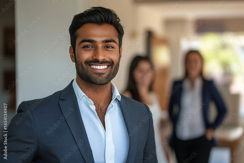 Fototapeta premium Indian realtor in formal suit smiles confidently while showcasing property to potential clients