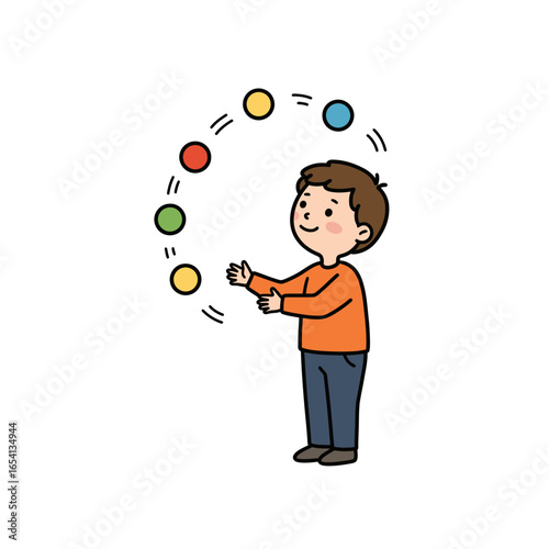 Cute cartoon boy with brown hair juggling five colorful balls with a happy expression.
