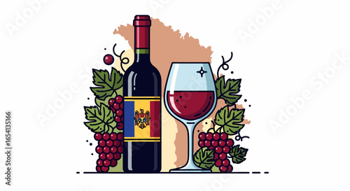 Vibrant illustration of Moldovan red wine bottle, glass, grapes, and national symbols.