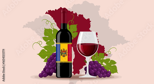 Moldovan red wine bottle and glass with grapes, set against a map of Moldova, symbolizing the country's viticulture.