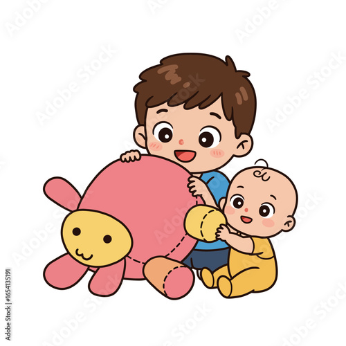 Cute cartoon illustration of an older brother and baby sibling happily playing with a large pink stuffed animal.